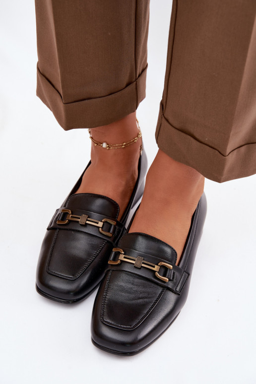 Skórzane Półbuty Damskie Na KlockuwithOzdobą Vinceza 39978 Czarne