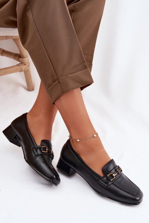 Leather Women's Block Heel Shoes With Embellishment Vinceza 39978 Black