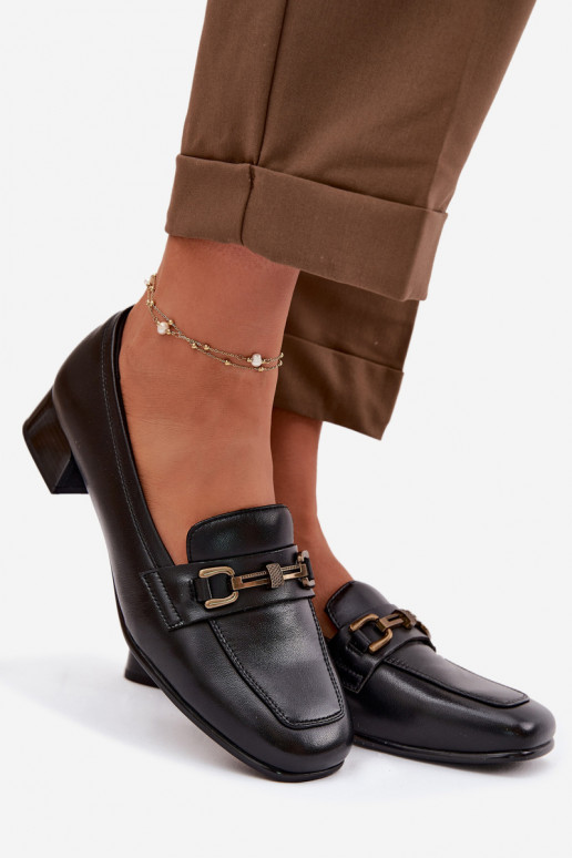 Skórzane Półbuty Damskie Na KlockuwithOzdobą Vinceza 39978 Czarne