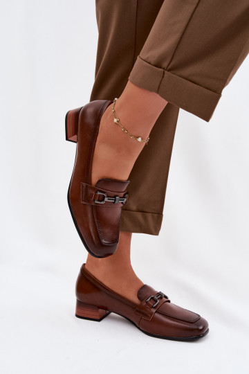 Leather Women's Block Heel Shoes With Decoration Vinceza 39978 Brown