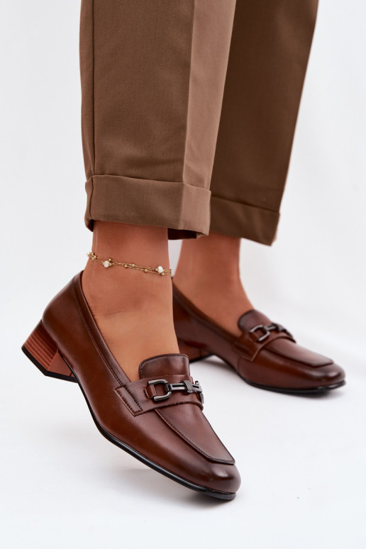 Skórzane Półbuty Damskie Na KlockuwithOzdobą Vinceza 39978 Brązowe