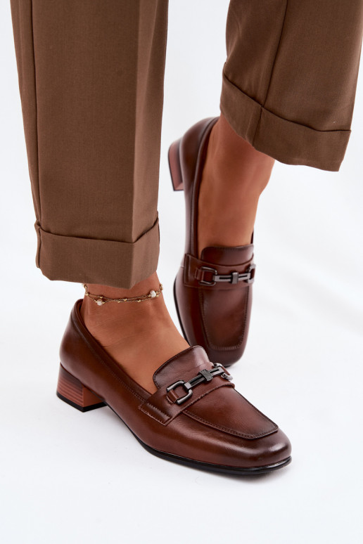 Skórzane Półbuty Damskie Na KlockuwithOzdobą Vinceza 39978 Brązowe