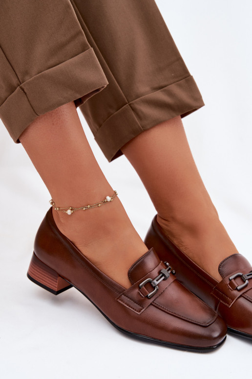Leather Women's Block Heel Shoes With Decoration Vinceza 39978 Brown