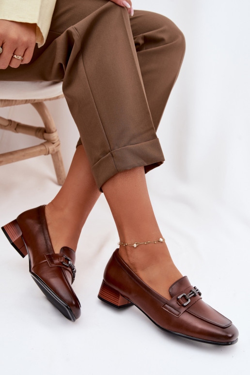 Leather Women's Block Heel Shoes With Decoration Vinceza 39978 Brown