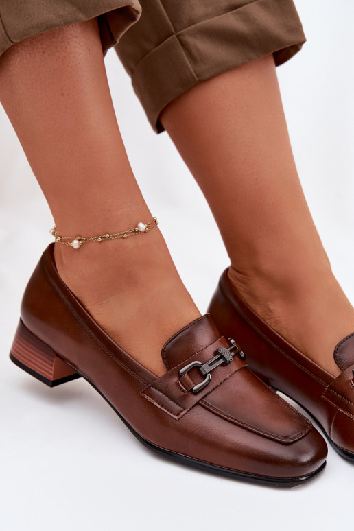 Leather Women's Block Heel Shoes With Decoration Vinceza 39978 Brown