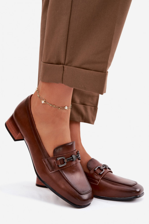 Leather Women's Block Heel Shoes With Decoration Vinceza 39978 Brown