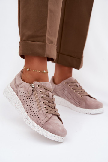 Women's Suede Loafers With Zipper Beige Cemela