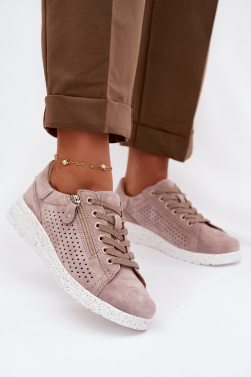 Women's Suede Loafers With Zipper Beige Cemela