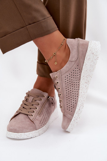Women's Suede Loafers With Zipper Beige Cemela 2