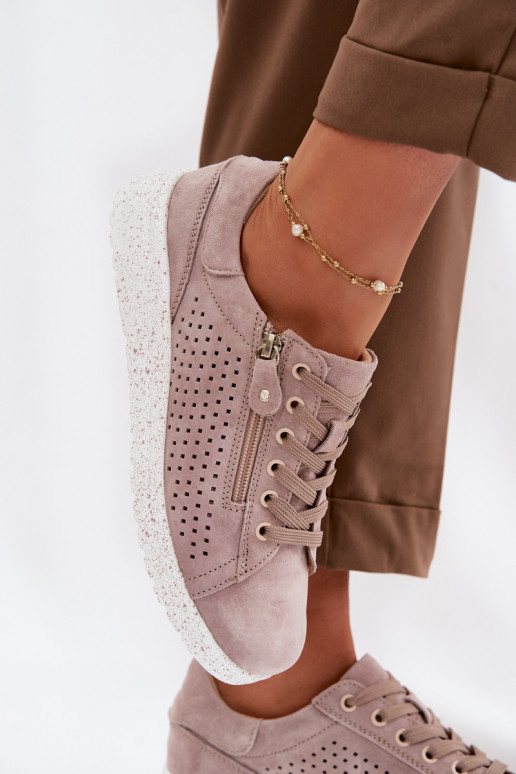 Women's Suede Loafers With Zipper Beige Cemela