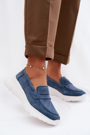 Women's Suede Loafers on Platform Vinceza 79626 Navy
