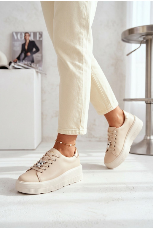 Leather Women's Sneakers With Platform Vinceza 39973 Beige