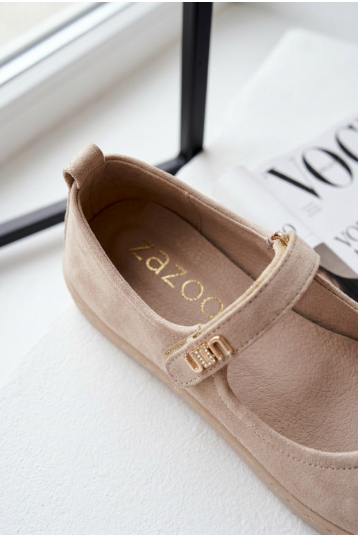 Leather Suede Ballerinas Barefoot With Strap Zazoo 10206 Beige