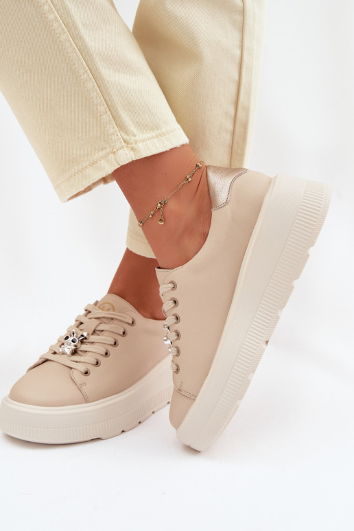 Leather Women's Sneakers With Platform Vinceza 39973 Beige