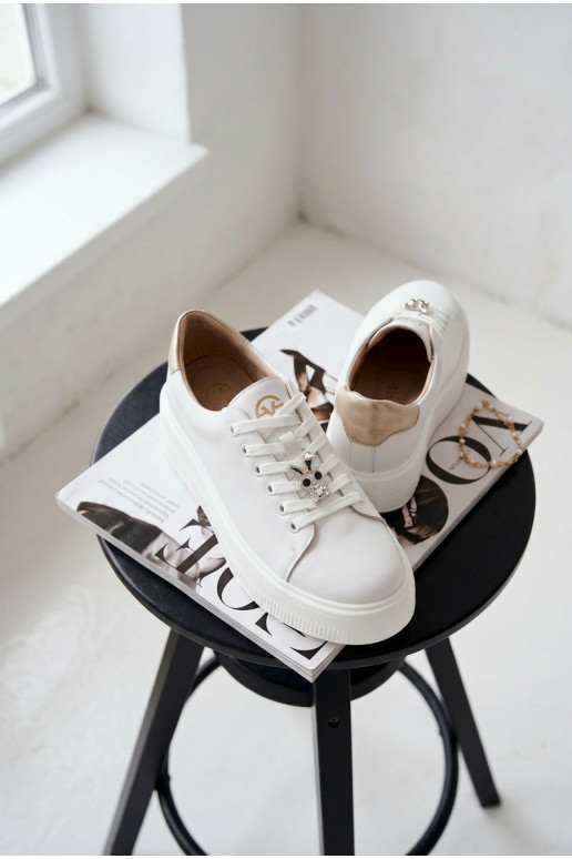 Leather Women's Sneakers Platform With Buckle Vinceza 39973 White