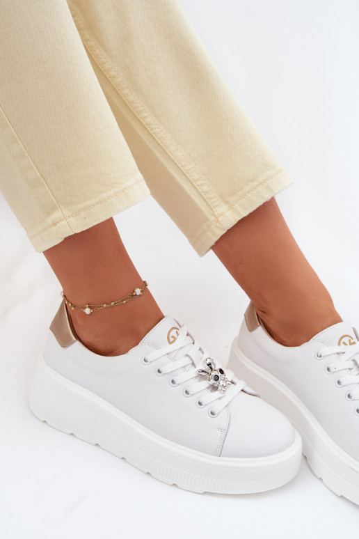 Leather Women's Sneakers Platform With Buckle Vinceza 39973 White