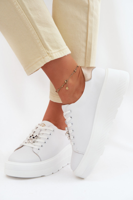 Leather Women's Sneakers Platform With Buckle Vinceza 39973 White