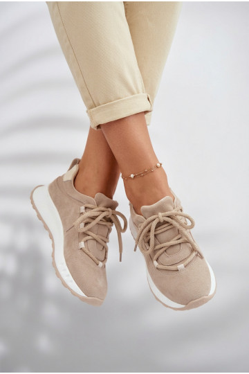 Skórzane Zamszowe Sneakersy Damskie Beżowe Bemela