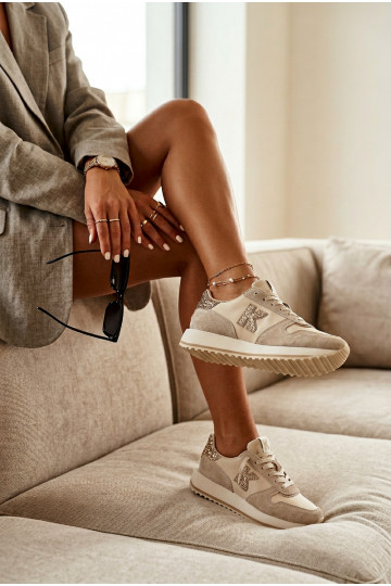 Leather Suede Women's Sneakers On Platform Kobbo 100103 Beige