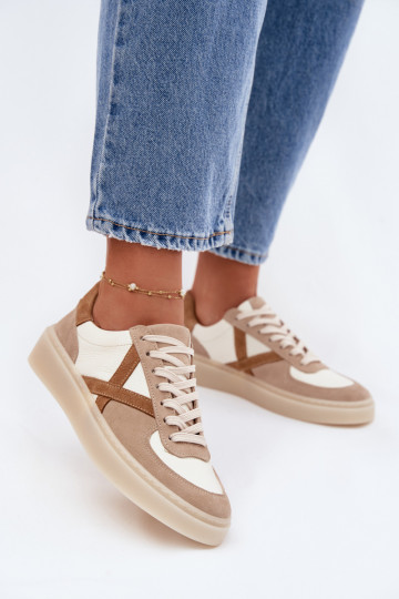 Skórzane Zamszowe Sneakersy Damskie Zazoo N1108S5 Beżowe 2
