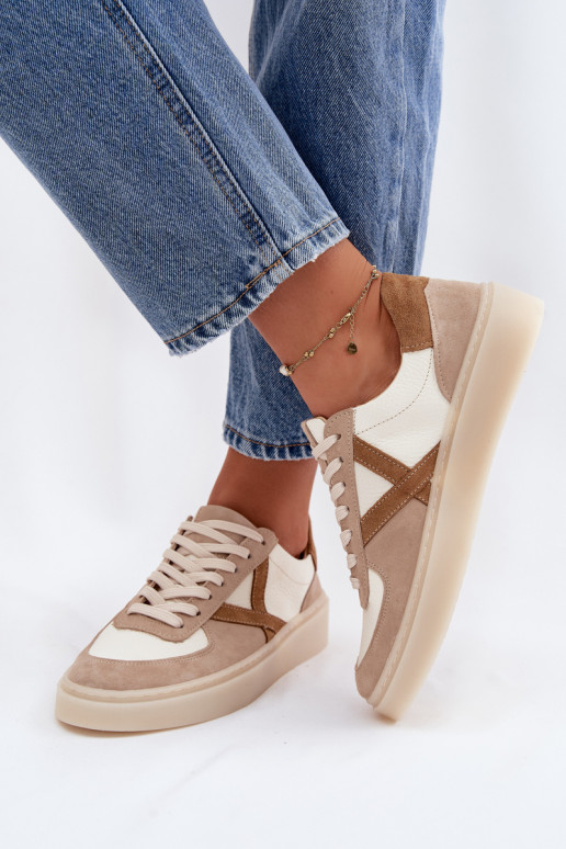 Skórzane Zamszowe Sneakersy Damskie Zazoo N1108S5 Beżowe