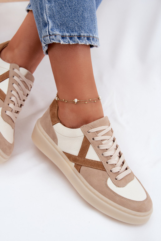 Skórzane Zamszowe Sneakersy Damskie Zazoo N1108S5 Beżowe