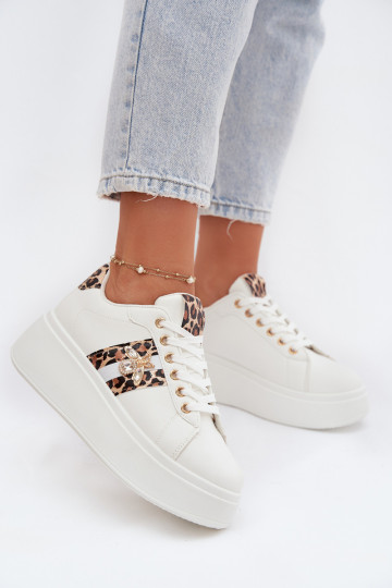 Sneakersy Damskie Na Platformie Z Przypinką Białe Panterka Palvessa 2