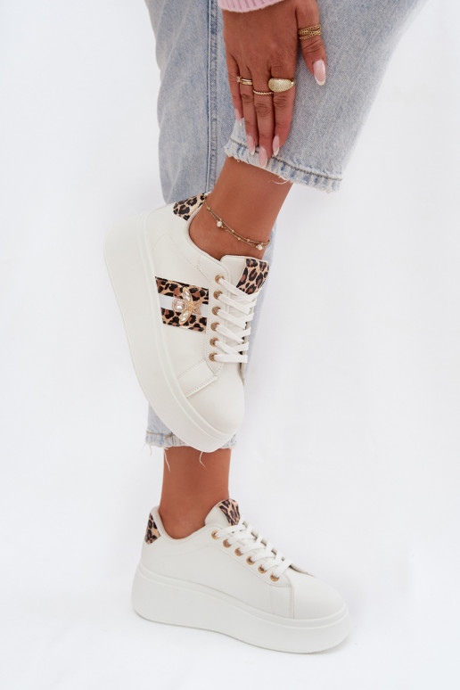 Sneakersy Damskie Na PlatformiewithPrzypinką Białe Panterka Palvessa