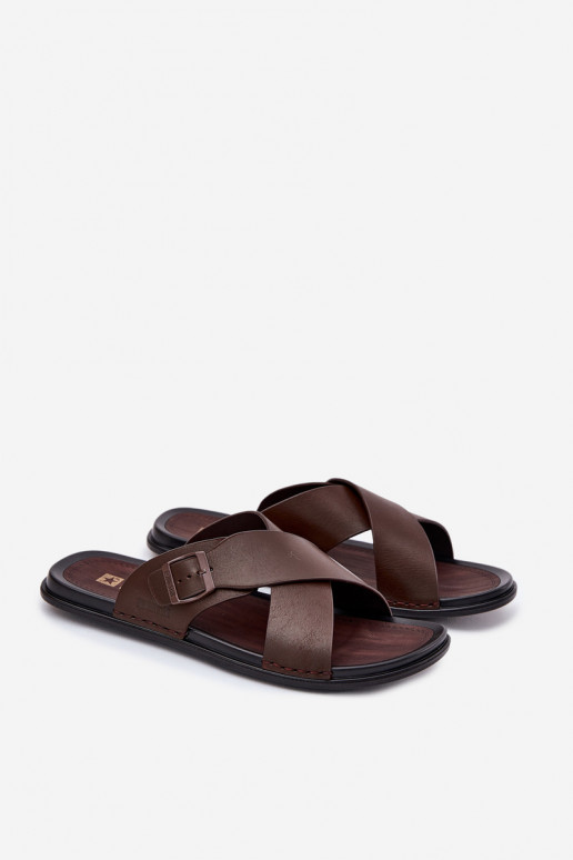 Leather Men Slippers With Buckle Big Star RR174077 Brown