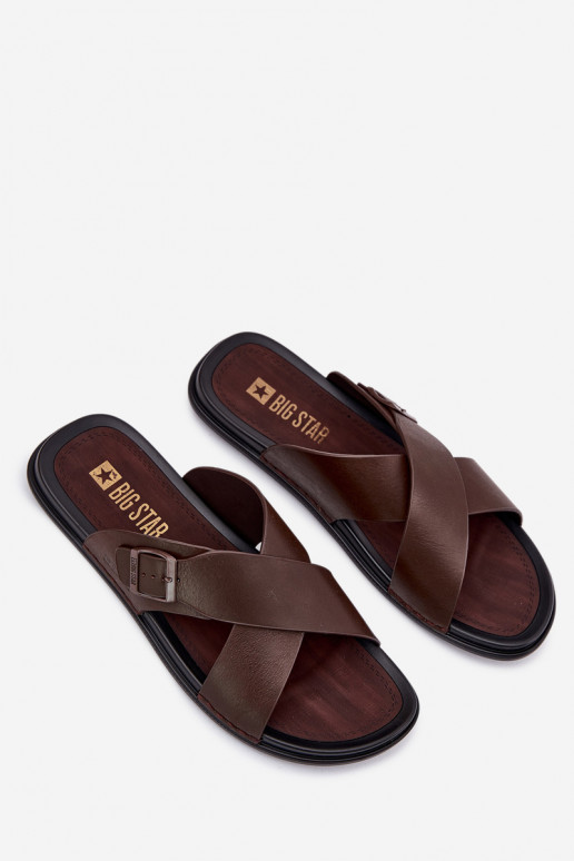 Leather Men Slippers With Buckle Big Star RR174077 Brown