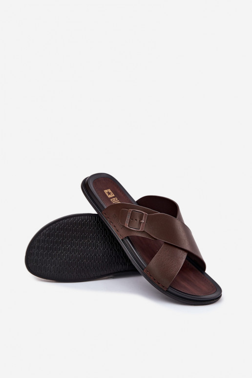 Leather Men Slippers With Buckle Big Star RR174077 Brown