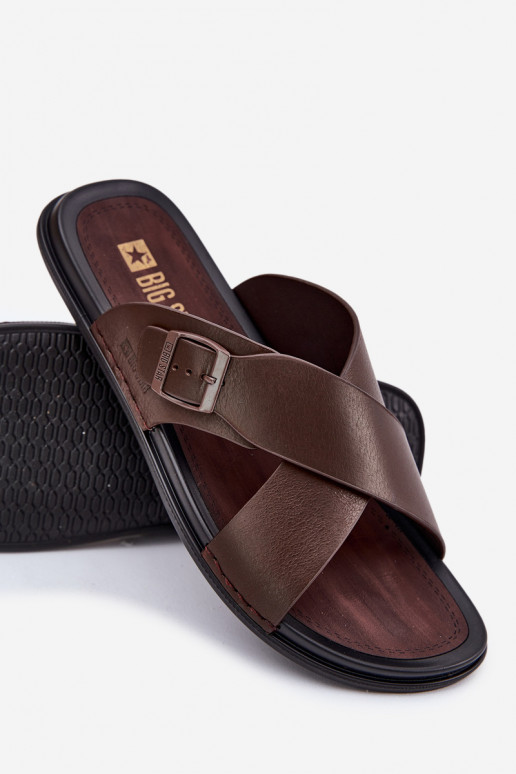 Leather Men Slippers With Buckle Big Star RR174077 Brown