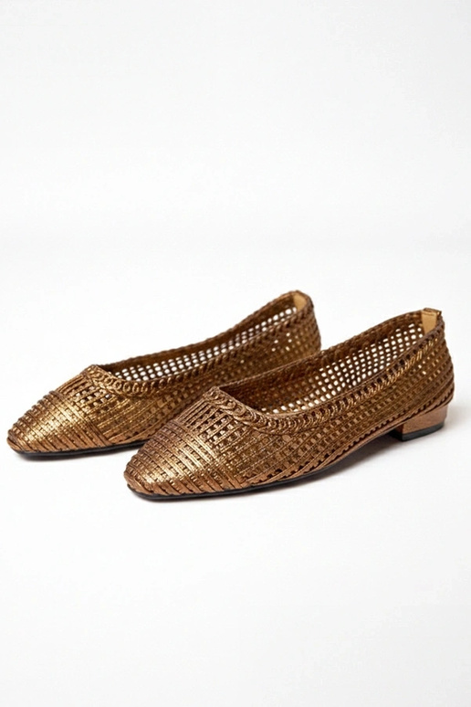 Brązowe ażurowe balerinki na niskim...