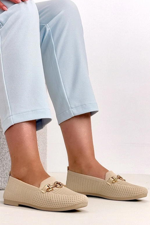 Beżowe Materiałowe Mokasyny Ze Złotą...