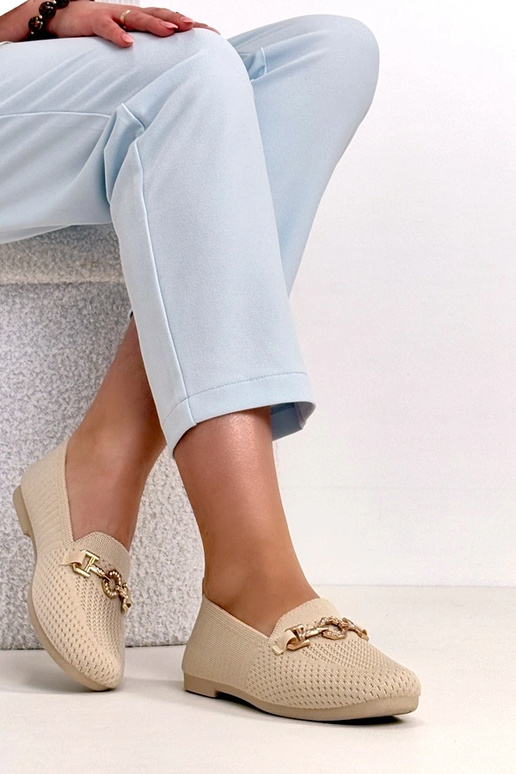 Beżowe Materiałowe Mokasyny Ze Złotą...