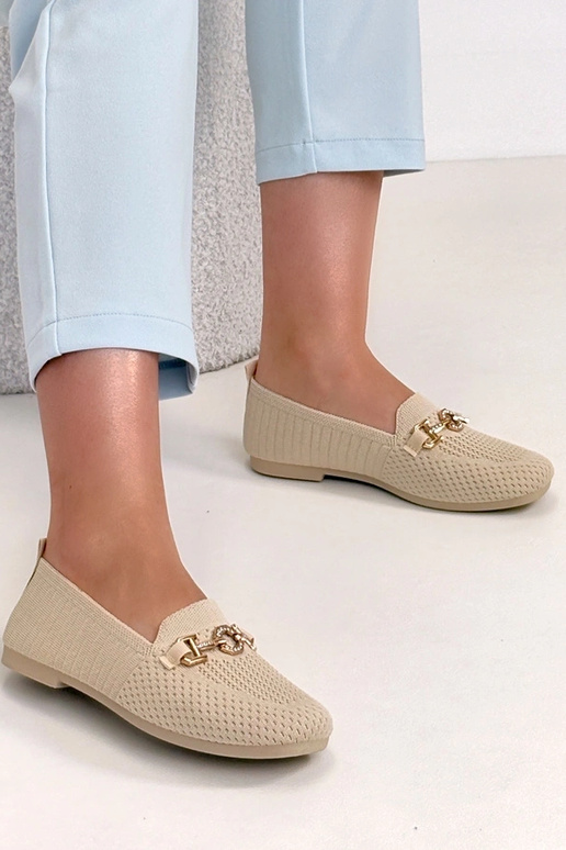 Beżowe Materiałowe Mokasyny Ze Złotą...