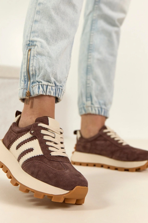 Czekoladowe Skórzane Sneakersy Na...