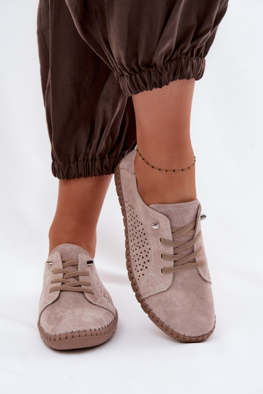 Breathable Women's Loafers Made of Genuine Suede Beige Feliva