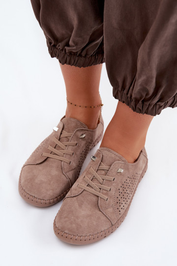 Ażurowe Półbuty DamskiewithNaturalnego Zamszu Jasnobrązowe Feliva