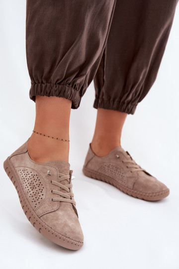 Women's Perforated Shoes Made of Natural Suede Light Brown Feliva 2