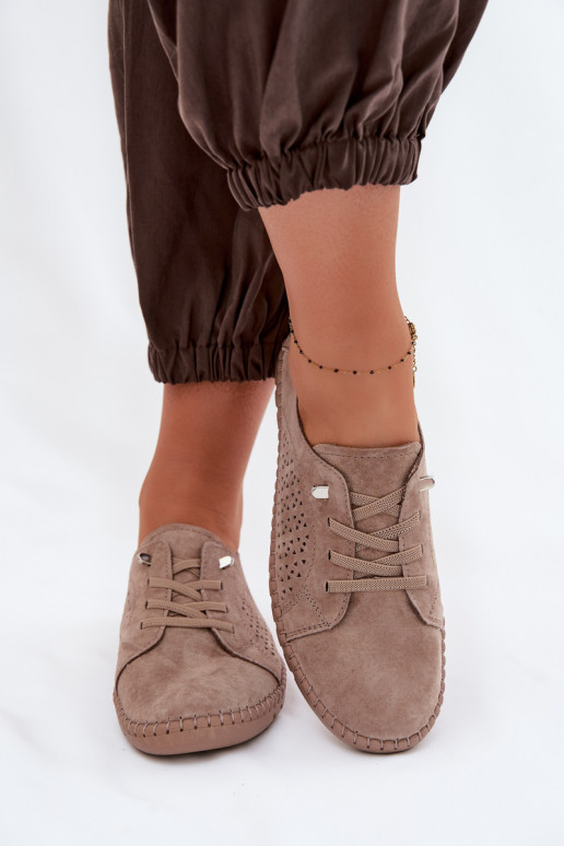Women's Perforated Shoes Made of Natural Suede Light Brown Feliva