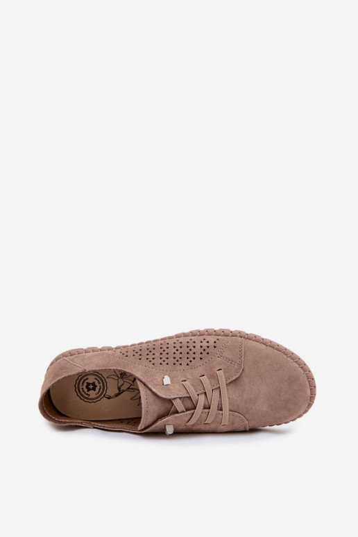 Women's Perforated Shoes Made of Natural Suede Light Brown Feliva