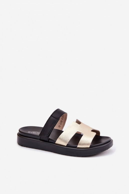 Leather Women's Slides With Velcro Gold Lemela