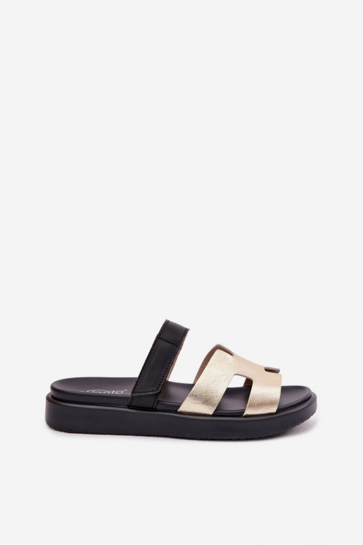 Leather Women's Slides With Velcro Gold Lemela
