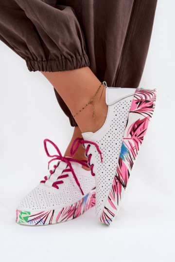 Leather Women's Shoes With Patterned Platform Fuchsia Femela