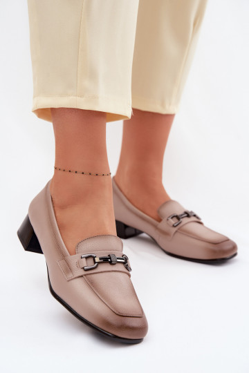 Leather Women's Block Heels Shoes With Decoration Vinceza 39978 Beige