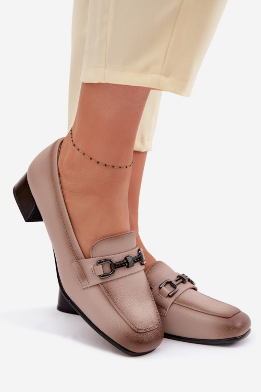 Leather Women's Block Heels Shoes With Decoration Vinceza 39978 Beige