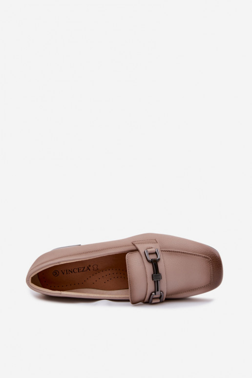 Skórzane Półbuty Damskie Na KlockuwithOzdobą Vinceza 39978 Beżowe