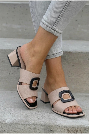 Women's Cutout and Buckle High Heel Sandals Vinceza 62284 Beige