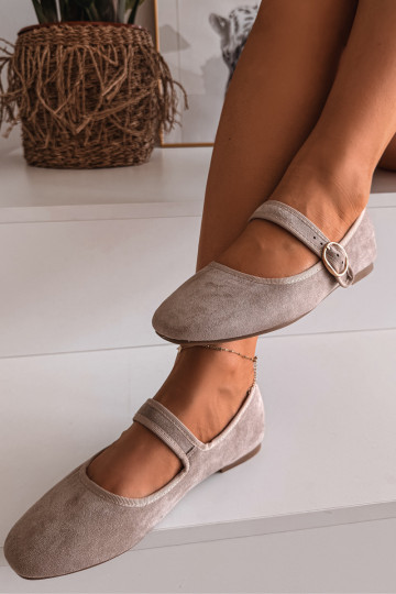 Beige Kelisa Ballet Flats With Strap And Gold Buckle
